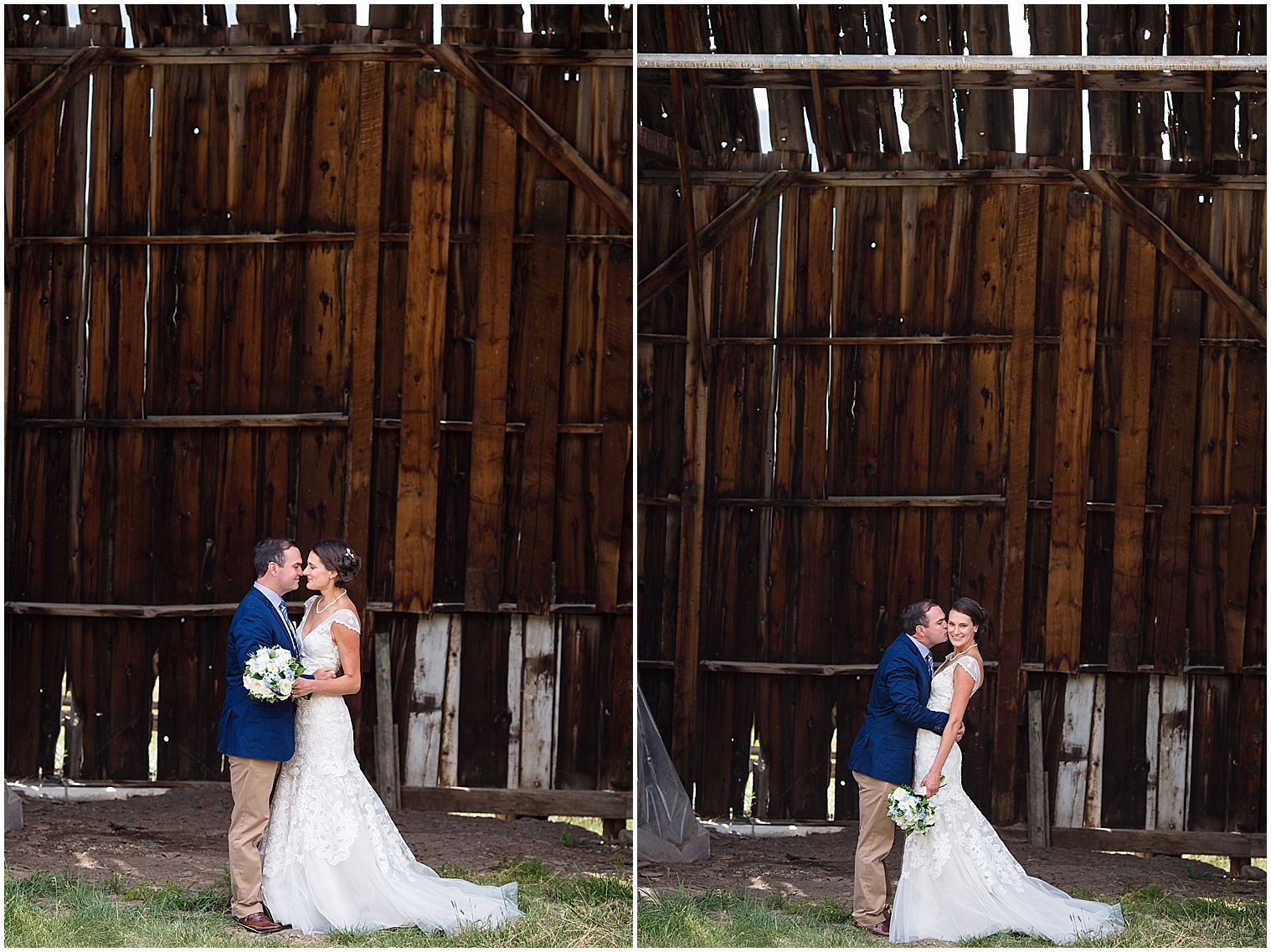  La pareja de novios se abrazan frente a un antiguo edificio de madera en el lugar de bodas Keystone Ranch.