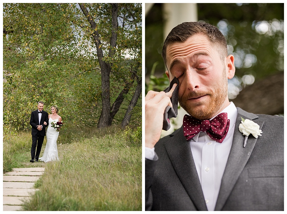 groom cries hard as he sees his bride coming down the aisle