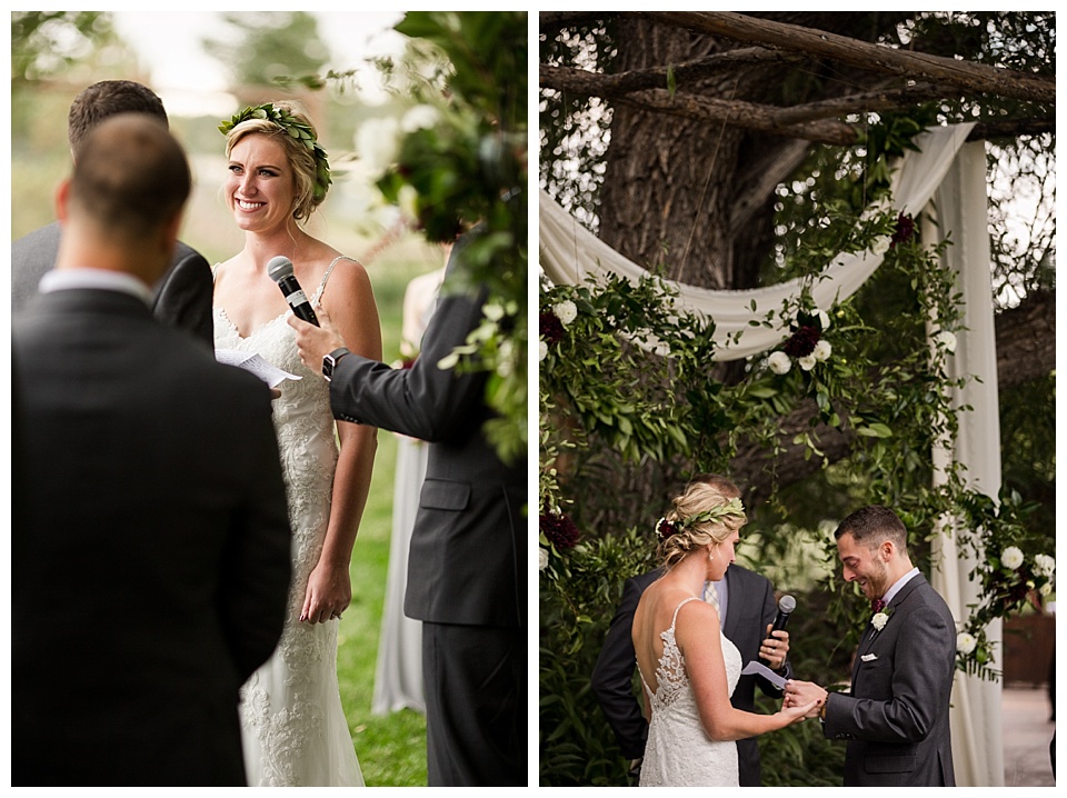 bride and groom exchanging heartfelt vows at their outdoor fall wedding ceremony at spruce mountain ranch