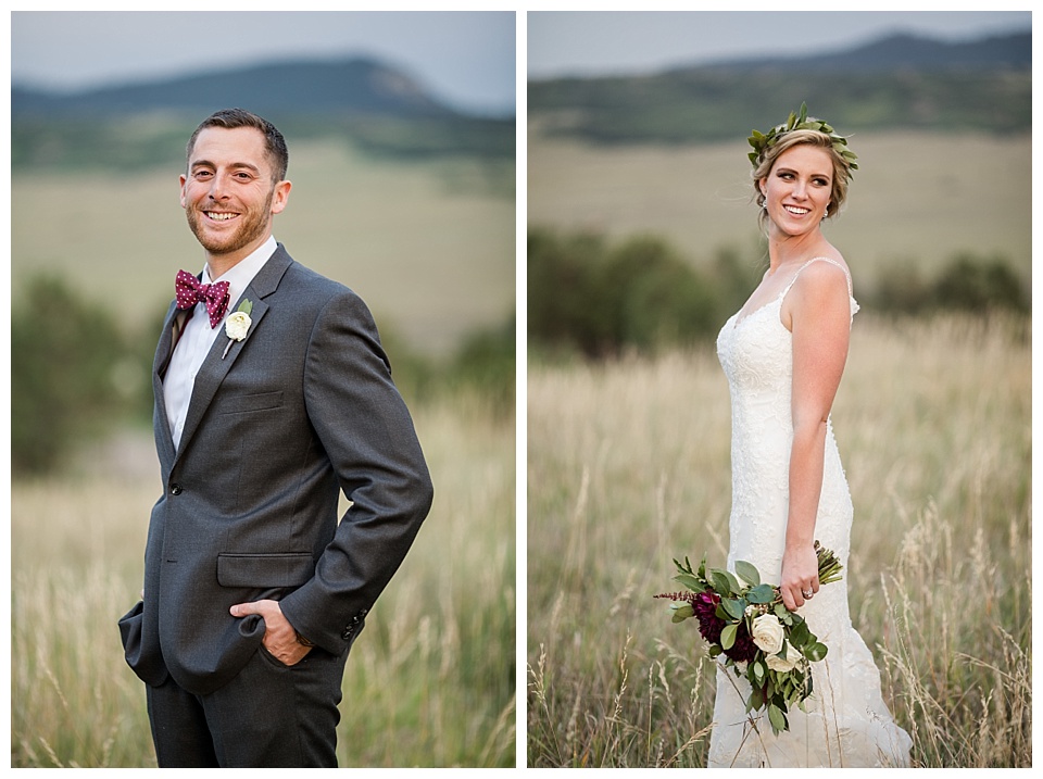 solo shots of bride and groom in meadow at spruce mountain ranch