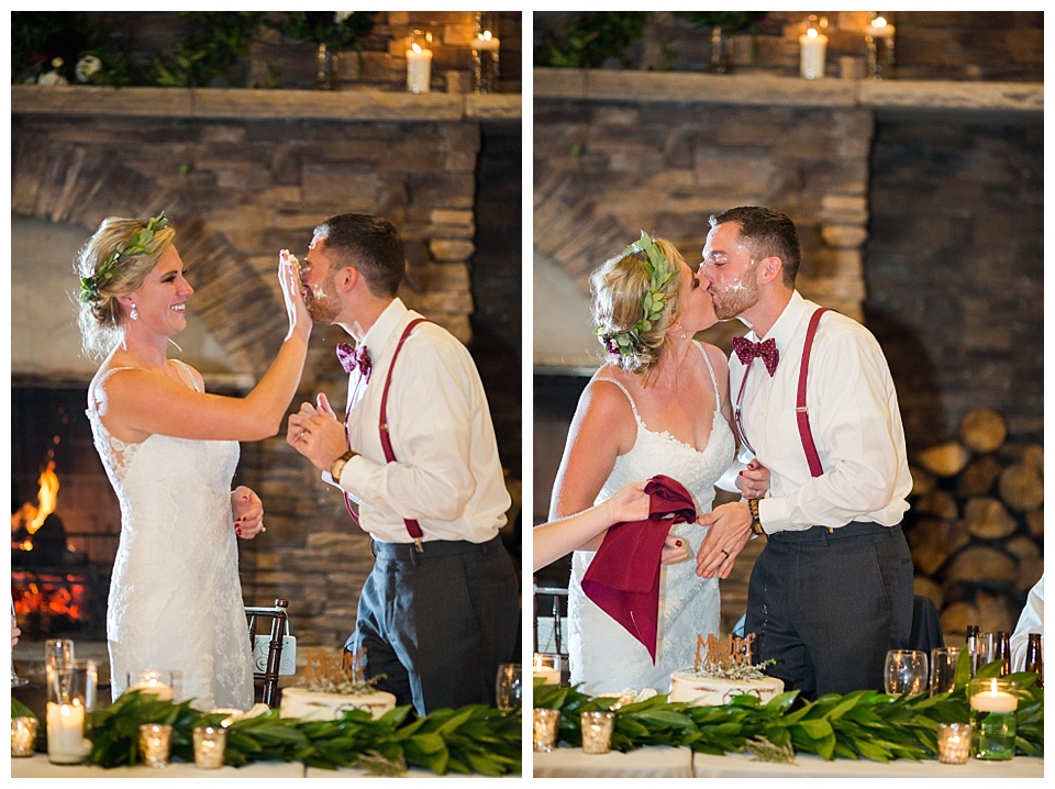 bride smashes cake in groom's face during their spruce mountain ranch wedding 