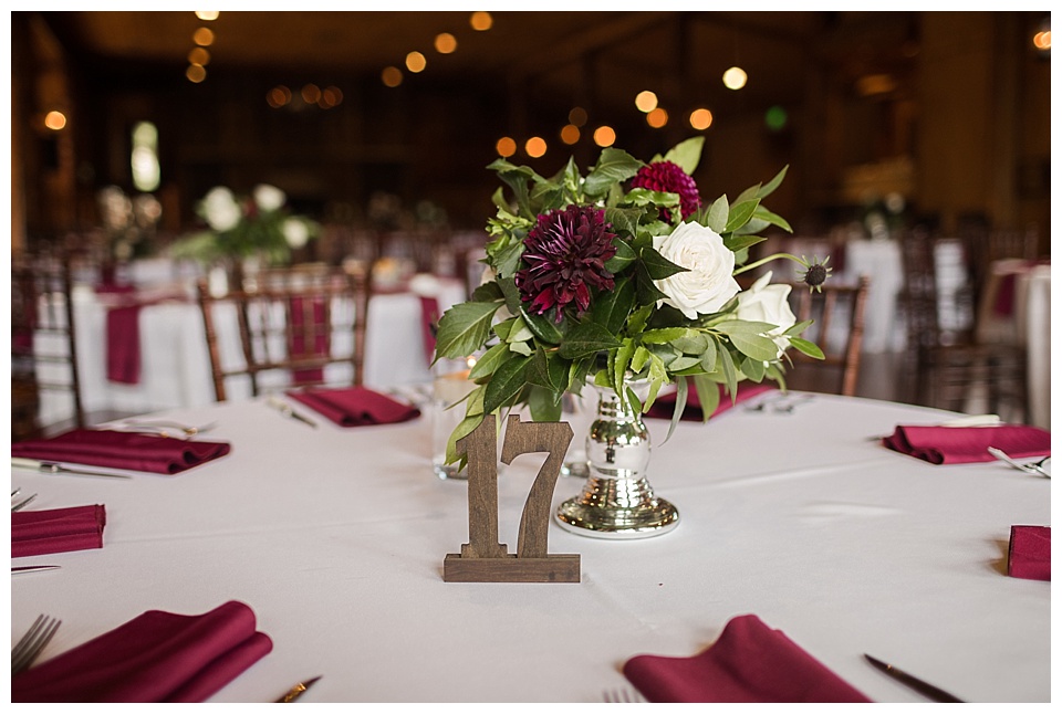 detail of table numbers and table flowers at spruce mountain ranch 