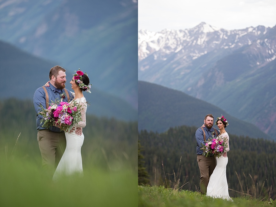 bride and groom pose together at the mountaintop in aspen colorado in the summer 
