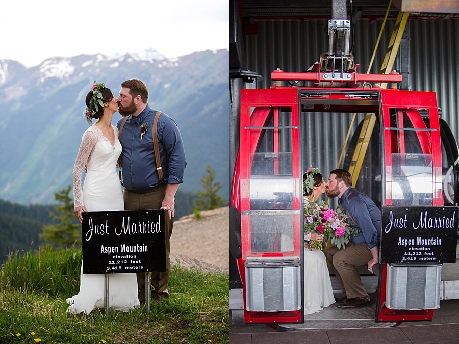 bride and groom pose with just married sign and get into ski gondola in aspen colorado 