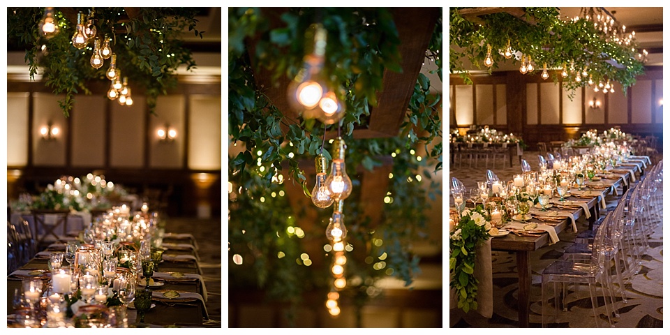 wedding detail with string lights and leaves of reception tables at ritz Carlton bachelor gulch