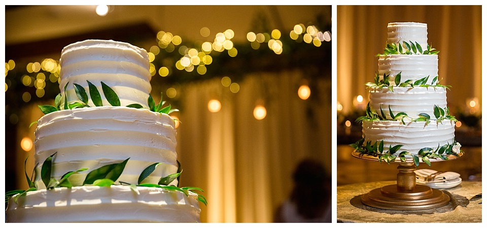 white wedding cake details with string lights and leaves 