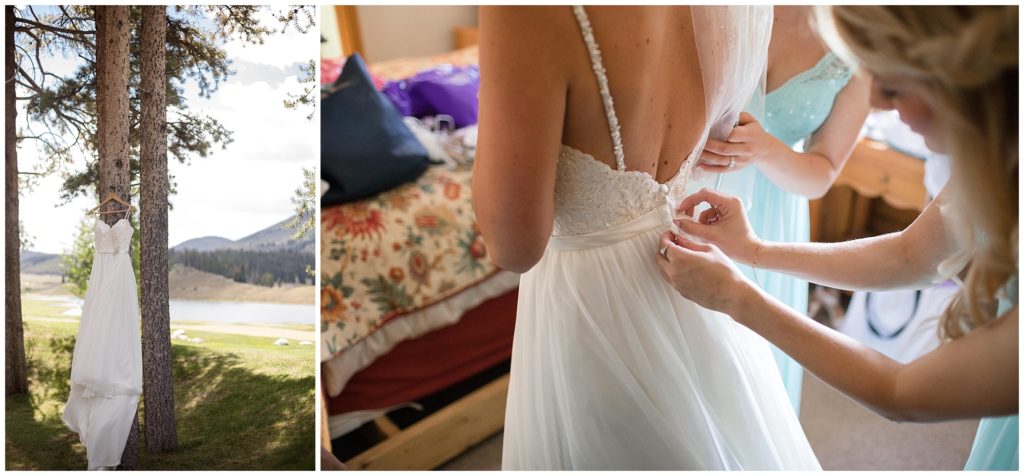 detail of wedding dress and bride putting her dress on in keystone ranch colorado