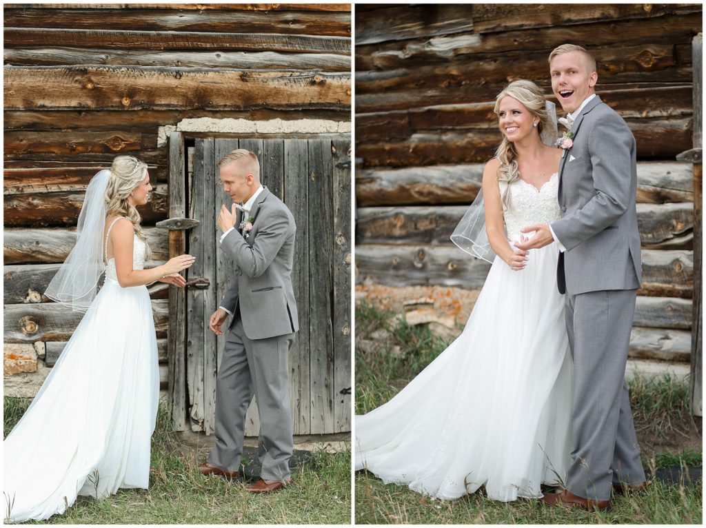 groom reacts to seeing his bride during their first look at keystone ranch colorado