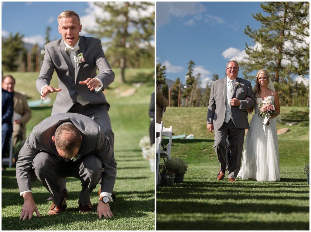 groom leapfrogs down wedding aisle and bride escorted by father