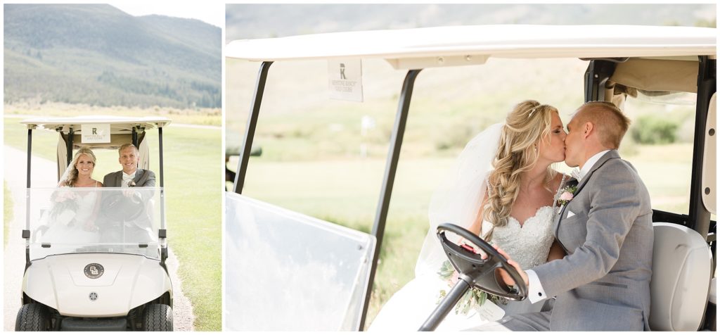 bride and groom kissing and riding in golf cart at keystone ranch in Colorado