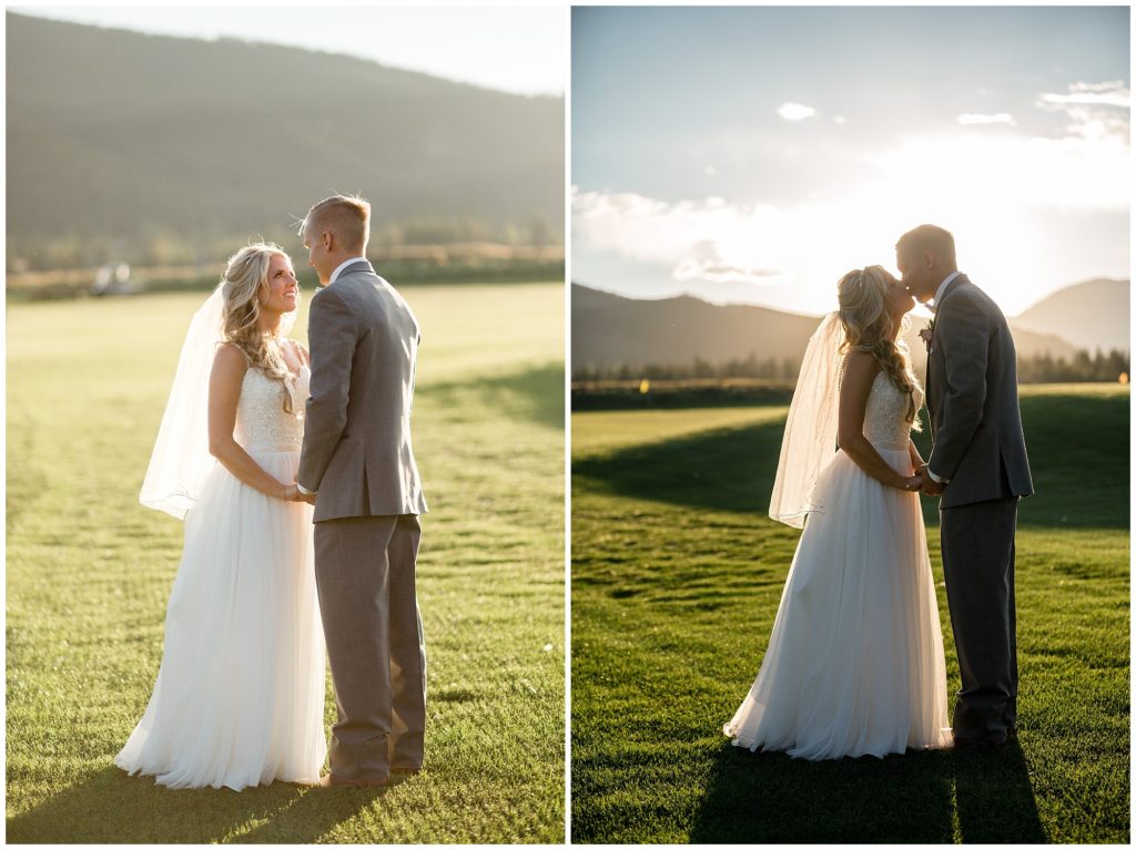 bride and groom kiss during their sunset bridal portraits at keystone ranch