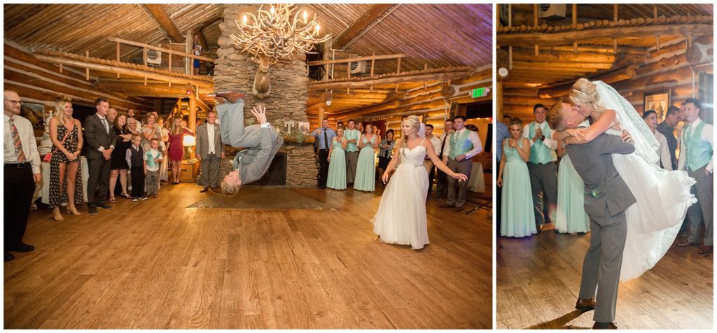 groom does backflip and picks up bride during their wedding reception at keystone ranch
