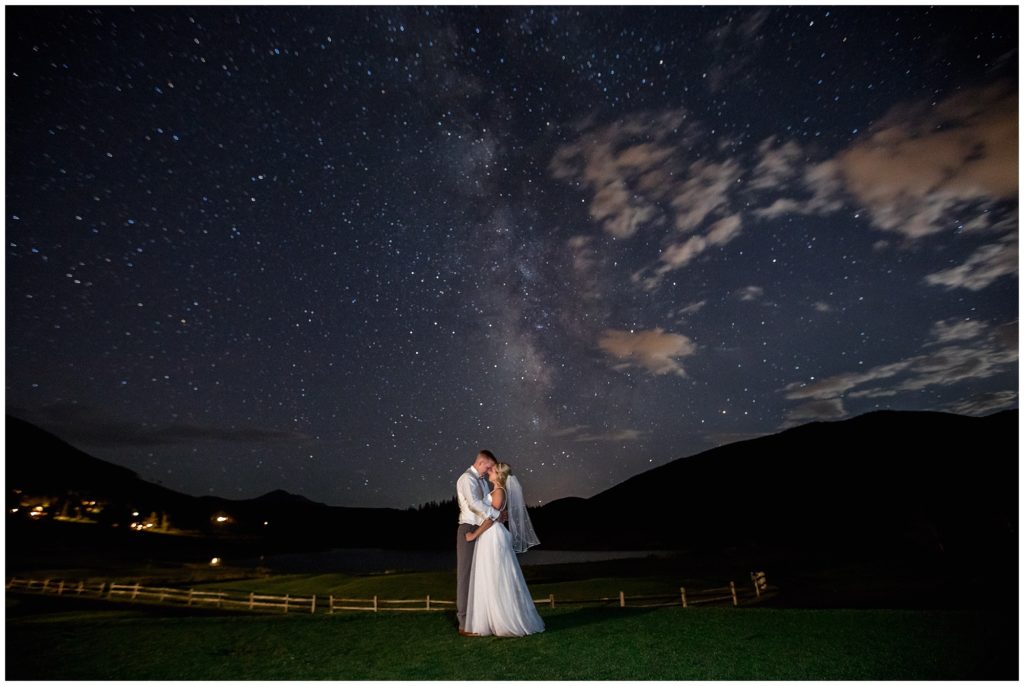 star photo of bride and groom taken by Colorado mountain wedding photographer at keystone ranch