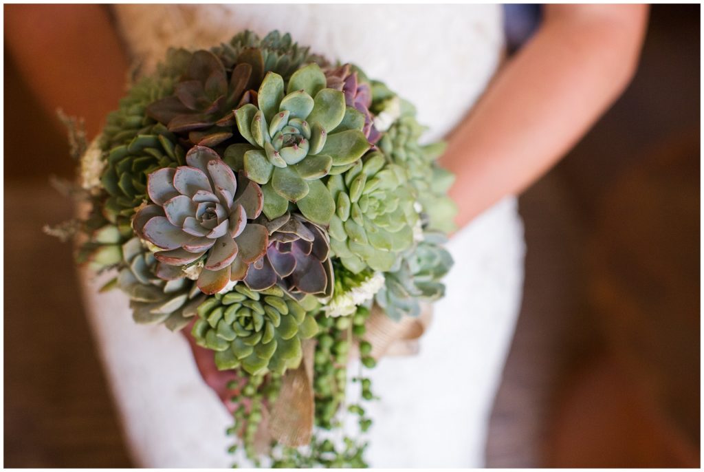 detail shot of bridal bouquet made of succulents