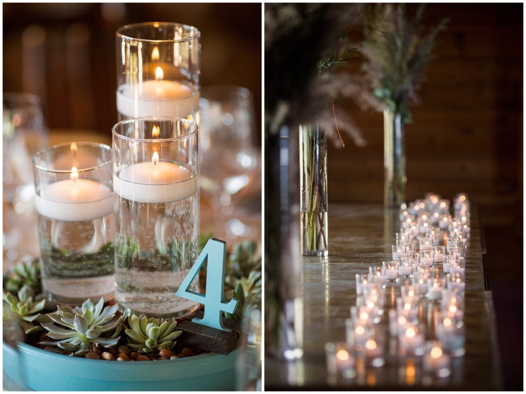 table centerpieces for wedding reception with wooden numbers candles and succulents