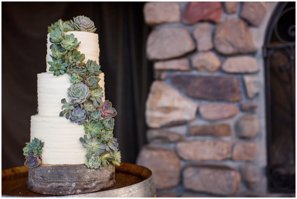 white three tiered wedding cake with succulents for a Colorado mountain wedding 