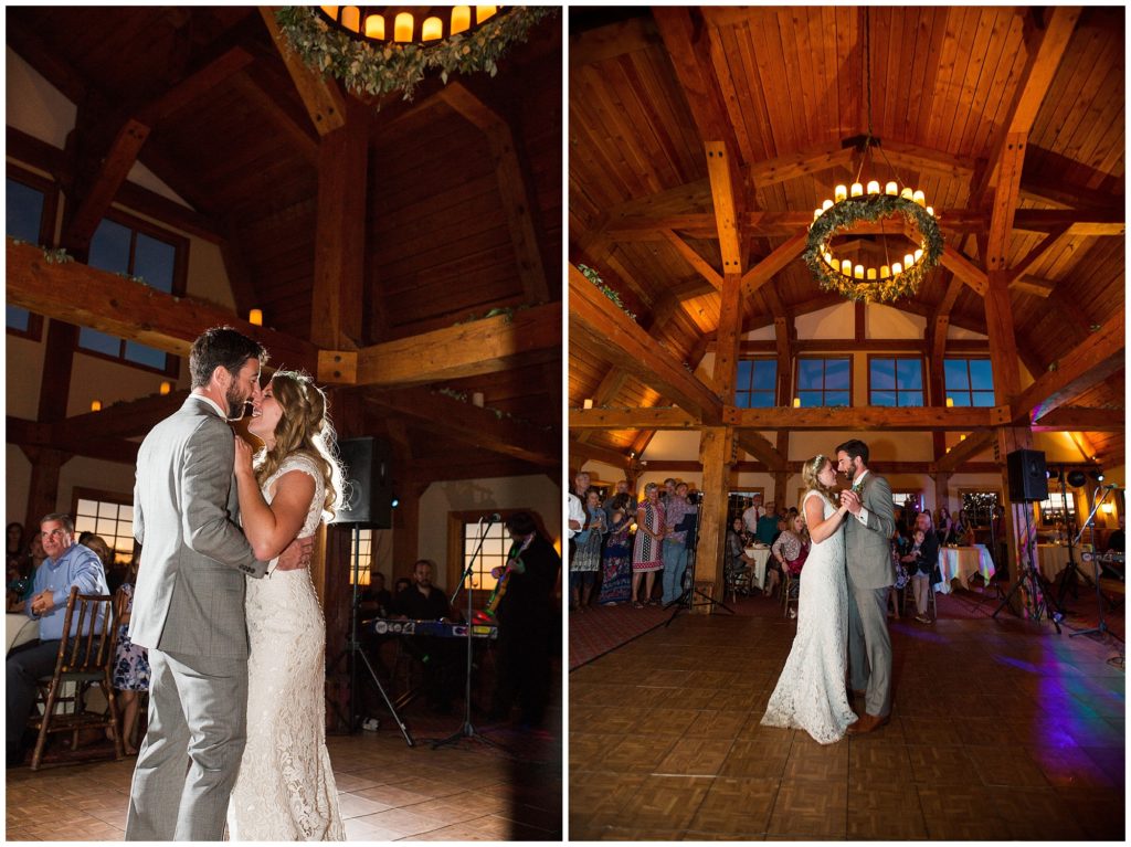 bride and groom first dance in a high ceiling candlelit venue 