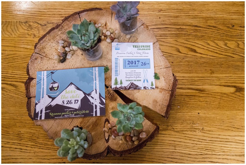 wedding save the dates and invitations with mountains snowboarding and succulents 