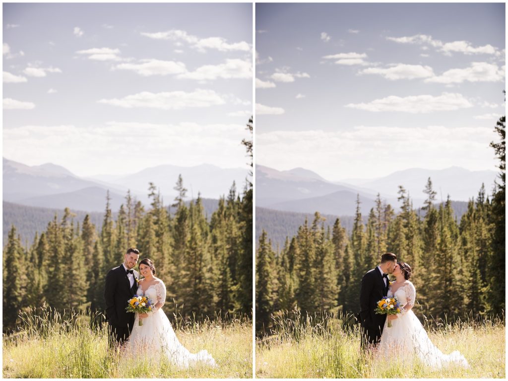 bride and groom posed in the mountains by their keystone wedding photographer 