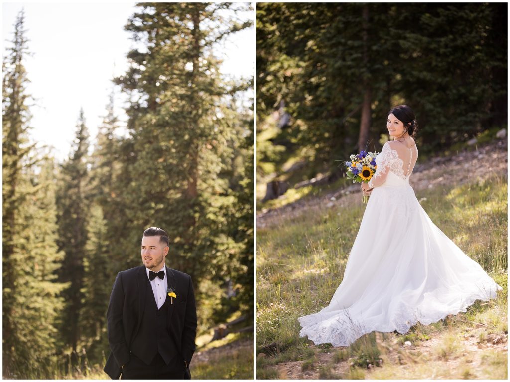 bride and groom solo shots in the Colorado mountains by a keystone wedding photographer 