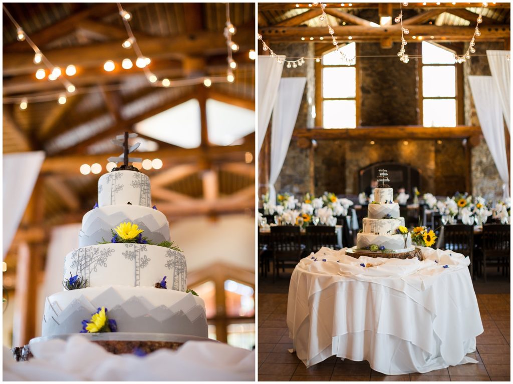 details of wedding mountain cake with flowers and reception venue 
