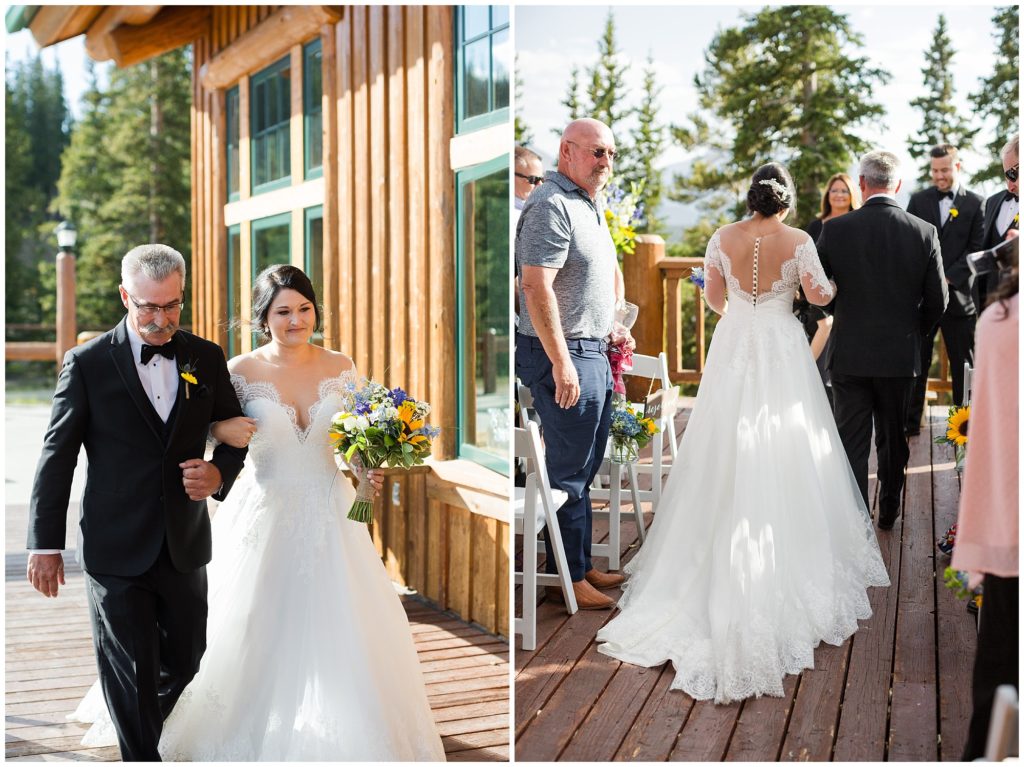 bride escorted down the aisle by her father at timber ridge lodge