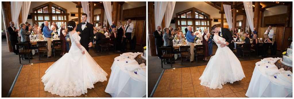 groom twirls and kisses bride during their grand entrance at timber ridge lodge