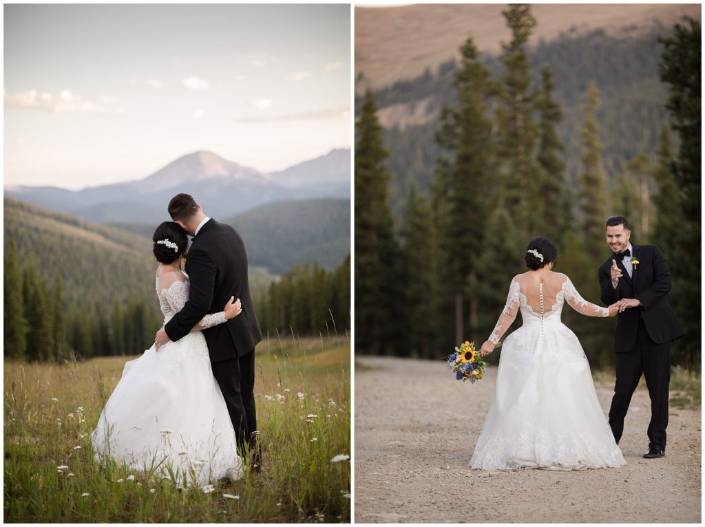 groom winks and points at camera in keystone Colorado 