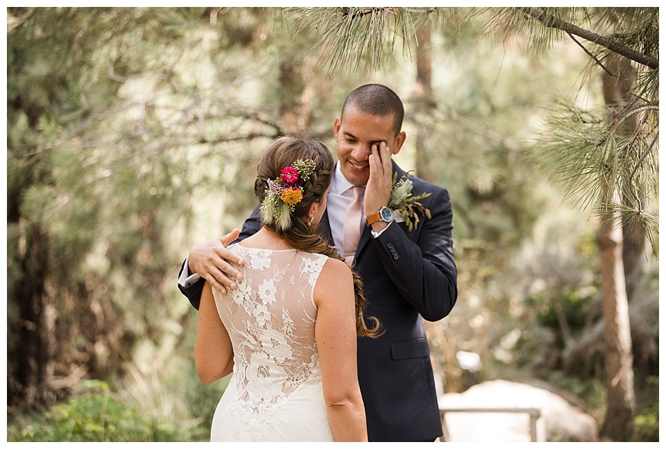 groom emotional when seeing his bride during their first look at denver botanical gardens