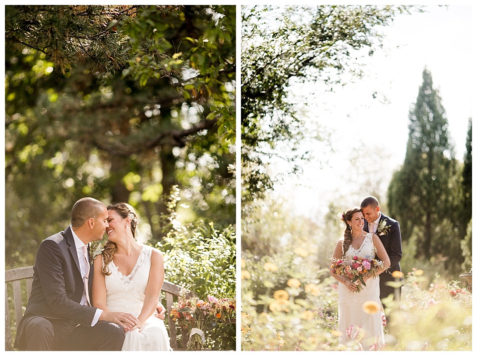 bride and groom pose with stunning flowers in denver botanical gardens 