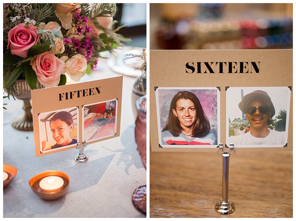 table numbers with photos of bride and groom at each age