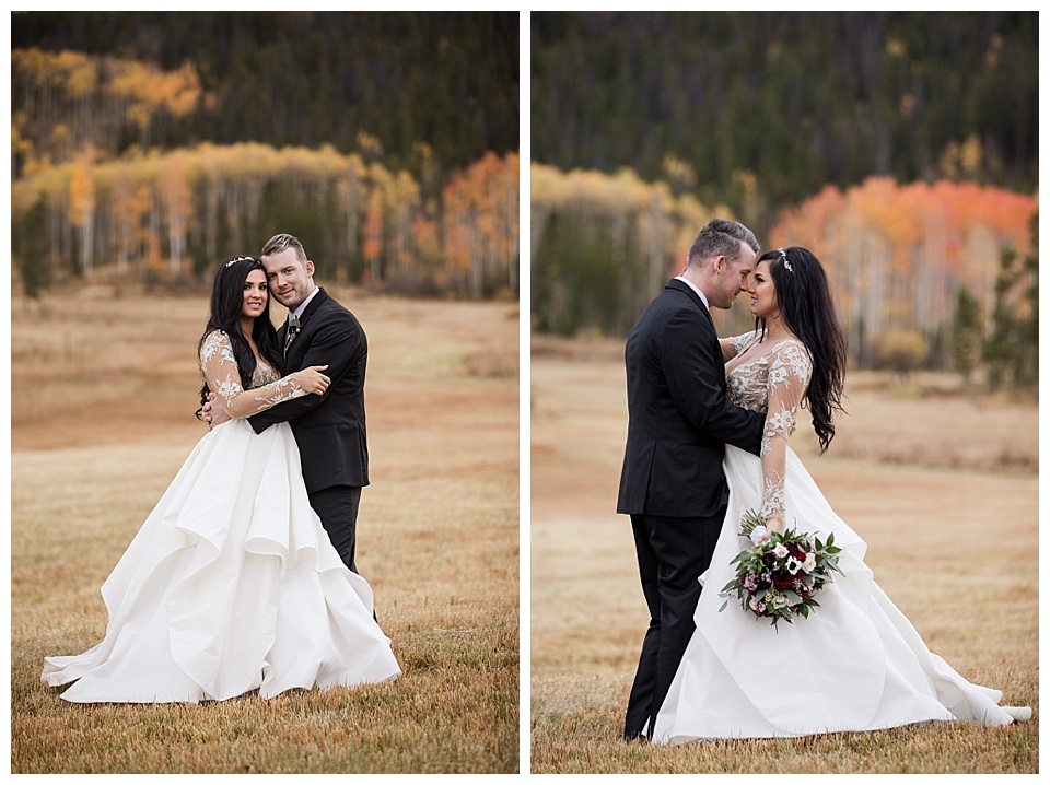 bride and groom pose at devils thumb ranch in the fall
