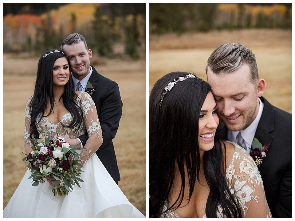 groom holds bride from behind during bridal portrait session at devil's thumb ranch
