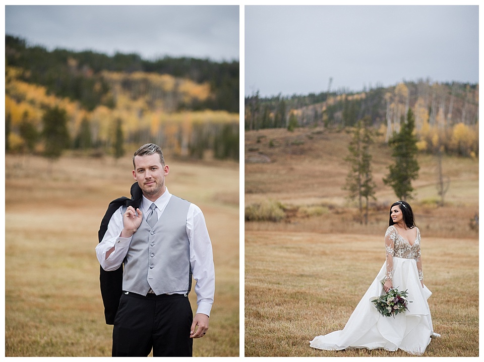 bride and groom solo shots with fall foliage at devil's thumb ranch