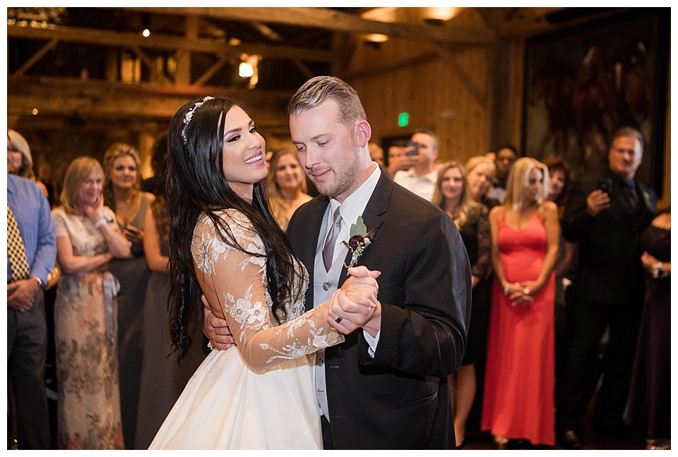 bride and groom share first dance at devils thumb ranch