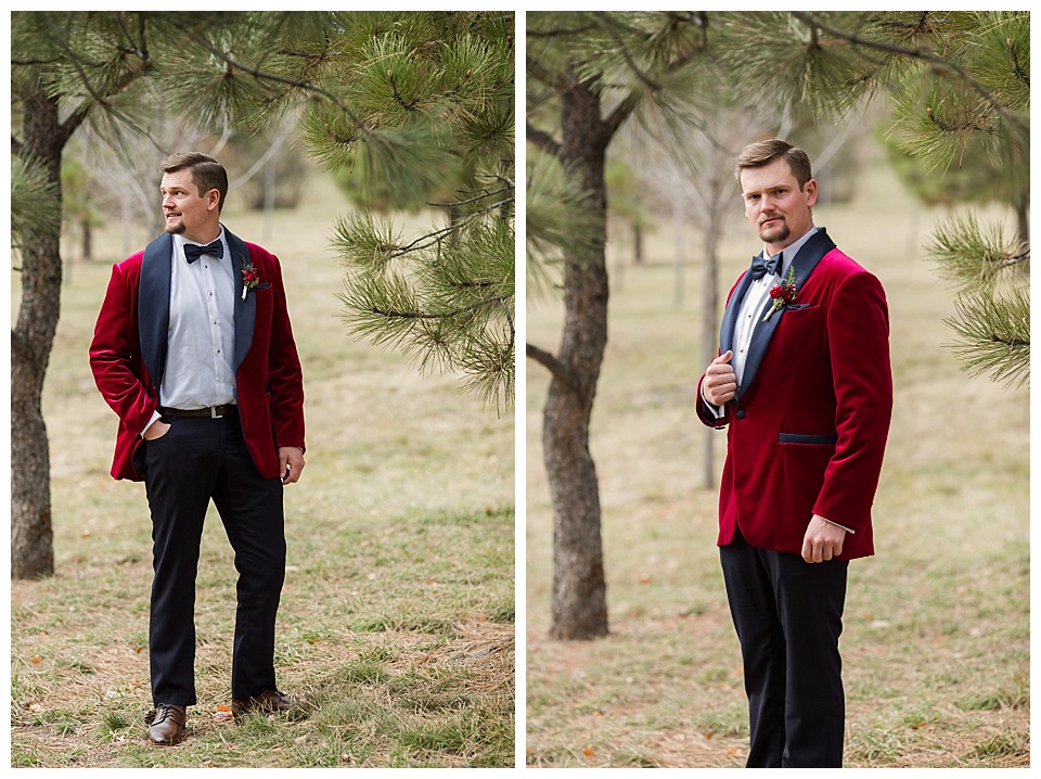 solo shot of groom wearing red velvet suit jacket at spruce mountain ranch