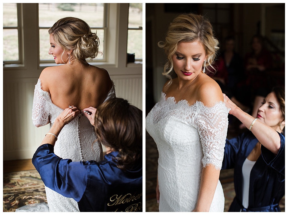 bride getting her wedding dress on at spruce mountain ranch