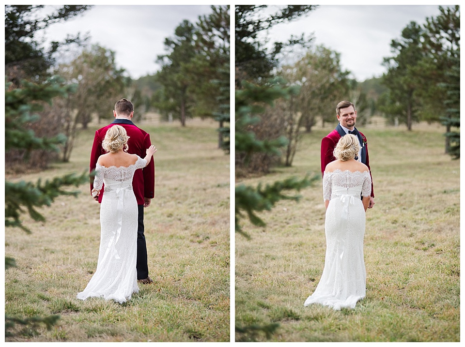 spruce mountain ranch first look with bride and groom