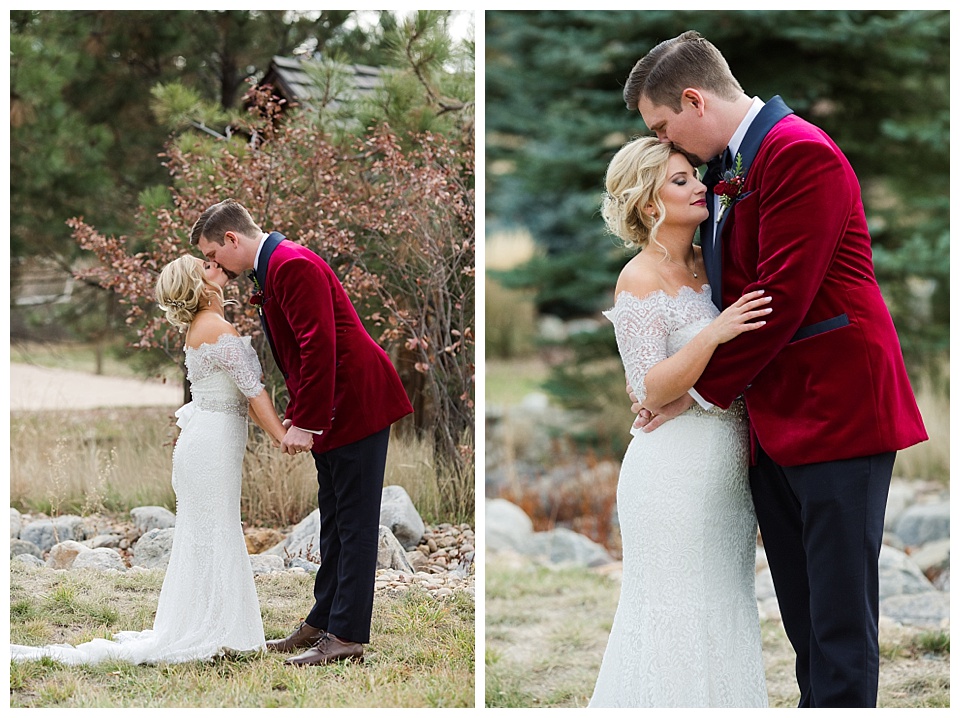 bride and groom kissing on their wedding day at spruce mountain ranch