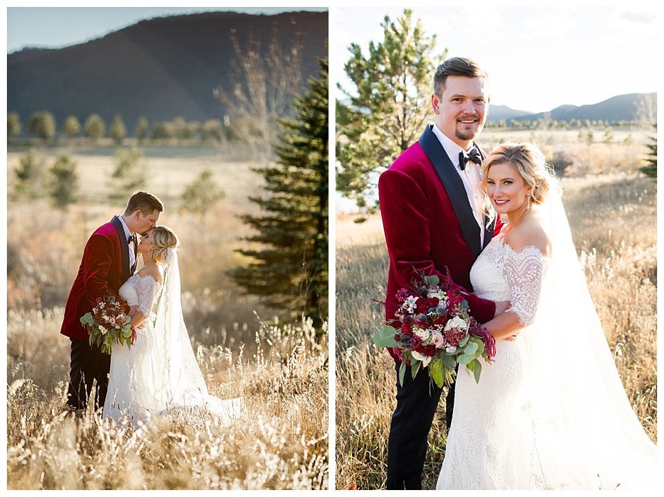 bride and groom pose in the meadow for their spruce mountain ranch wedding photographer