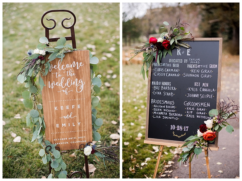 calligraphy signage on wood and chalkboard with greenery 