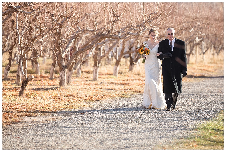 bride escorted by father down the aisle at colterris winery