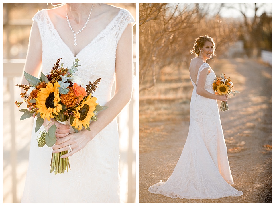 detail of fall bridal florals with orange roses and sunflowers 