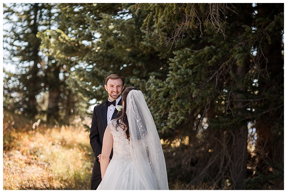 groom reacts to seeing bride for the first time at st regis aspen