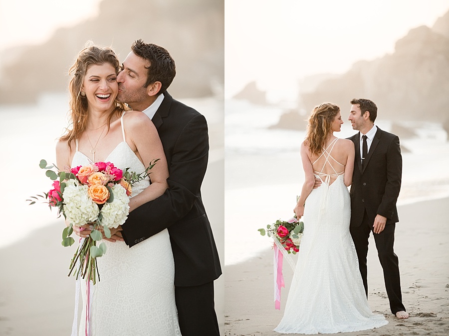 groom kisses bride on the cheek at matador beach