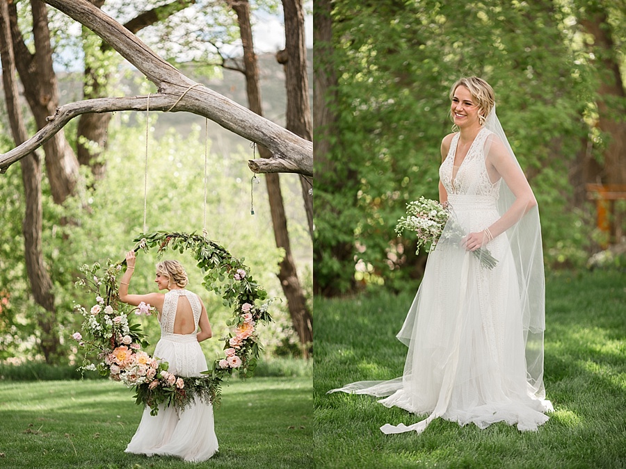 bride poses with floral swing at lyons farmette