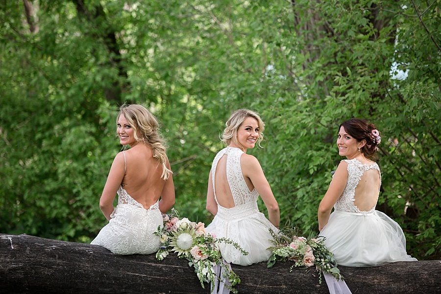 three brides pose together in tree with pastel florals