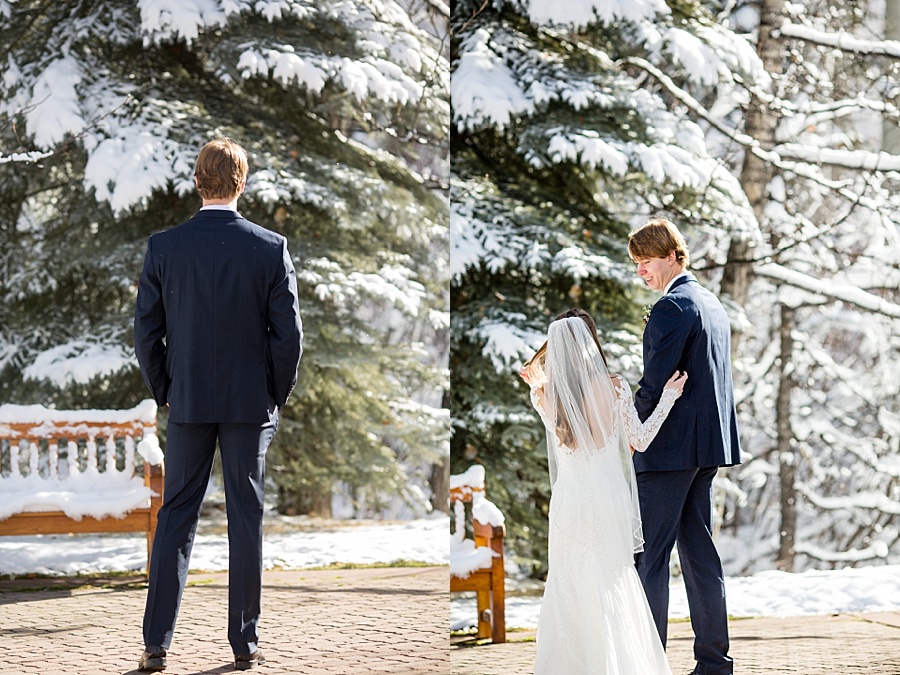 groom turns around for first look with his bride in beaver creek colorado