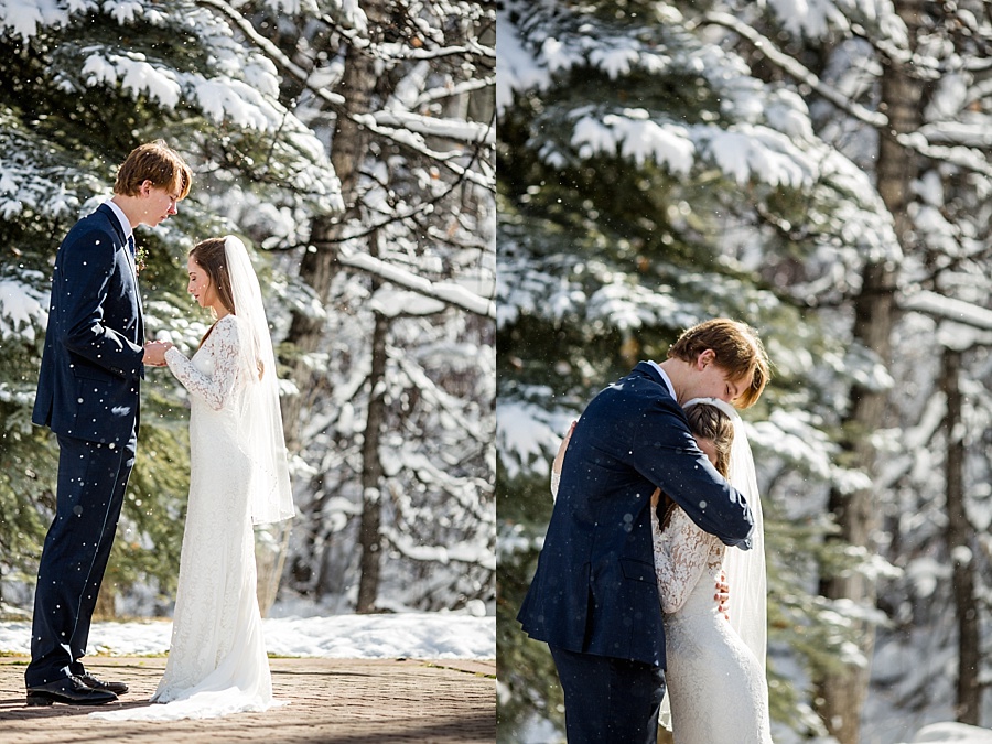bride and groom praying together before their wedding in beaver creek