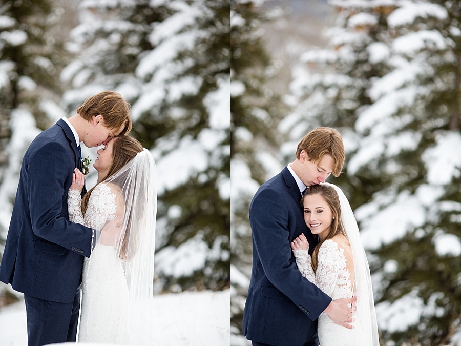 bride and groom hold each other in the snow in beaver creek